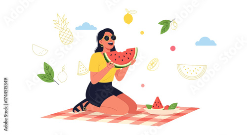Cheerful Woman Eating Watermelon During Summer Picnic Enjoying Sunshine and Delights