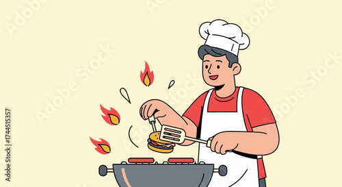 Chef Cooking Delicious Burgers on a Fire in an Outdoor Summer Barbecue
