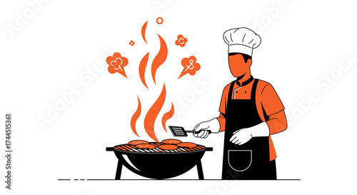 Chef cooking burgers on a barbecue grill illustration design concept minimal