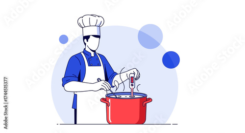 Chef cooking food in a pot using a thermometer in a vibrant vector illustration