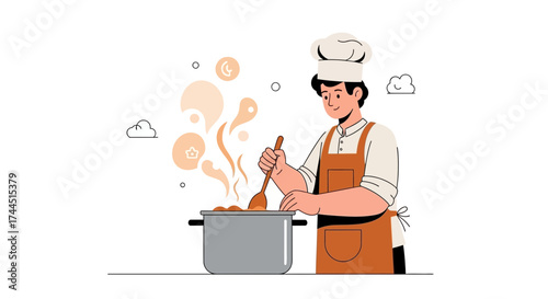 Chef Cooking Food In A Pot With Steam, Illustration Depicting Culinary Process