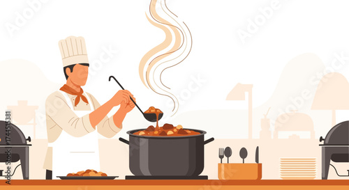 Chef Cooking Food in a Professional Kitchen with Delicious Soup and Serving Utensils