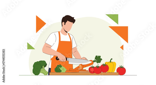 Chef Preparing Fresh Vegetables for Cooking in the Kitchen Cartoon Illustration