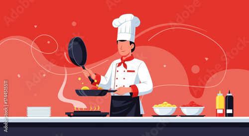 Chef Cooking Meal In Kitchen, Prepare Food With Professional Uniform And Utensils