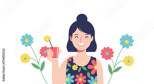 Cheerful Woman Enjoying Refreshing Drink Surrounded by Blossoming Flowers Against White Background