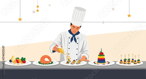 Chef meticulously plating a variety of gourmet dishes using a decorative garnish carefully on a service counter