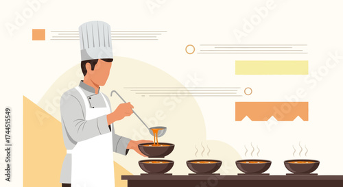Chef Crafting Culinary Delights Preparing Delicious Soup Bowls for Gastronomic Enjoyment