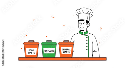Chef next to waste bins for food waste, recycling and general waste cartoon illustration