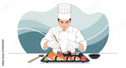 Chef Crafting Exquisite Sushi Creation with Precision and Culinary Expertise