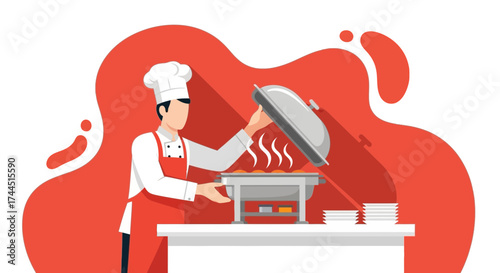 Chef opening a buffet serving dish illustration, food service business cartoon concept design