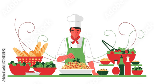 Chef Crafting Gourmet Pasta Dish With Fresh Ingredients for Culinary Excellence
