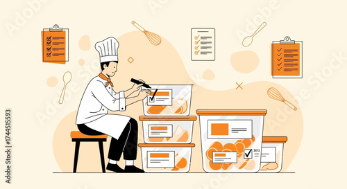 Chef Organizing Food Containers With Checklists Ready Prepare Delicious Dishes Efficiently