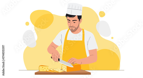 Chef cutting cheese in kitchen illustration modern design food concept cooking professional