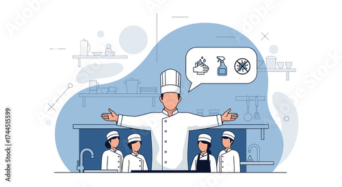 Chef Overseeing Food Hygiene Practices with Team Emphasizing Cleanliness and Sanitation