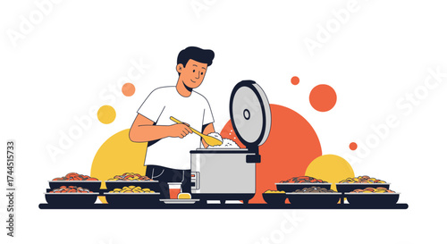 Chef Prepares Rice And Meals At Buffet Station, Ready to Serve Customers, Vector Art