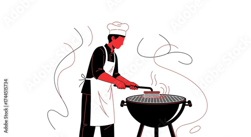 Chef Prepares Gourmet Meal With Grill, Evoking Flavorful Culinary Scenes For Any Project