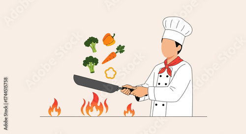 Chef Preparing A Delicious Dish With Fresh Vegetables Over A Fiery Flame