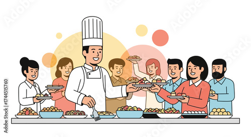 Chef serving food to people at a buffet or catering event in flat illustration style