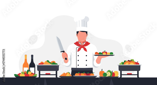 Chef Preparing A Gourmet Banquet Featuring Fresh Produce and Exquisite Culinary Artistry
