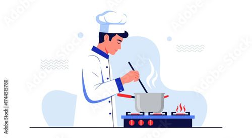 Chef Preparing a Recipe in a Modern Kitchen Illustration with Simple and Clean Design