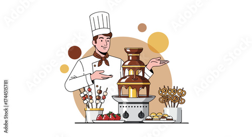 Chef showcasing a chocolate fountain with various treats like strawberries and pretzels