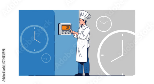 Chef Setting Timer in Restaurant Kitchen Cooking Process Time Management Concept