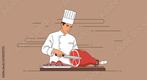 Chef Skillfully Cutting Jamon, Culinary Precision, Food Preparation, Artwork Illustration