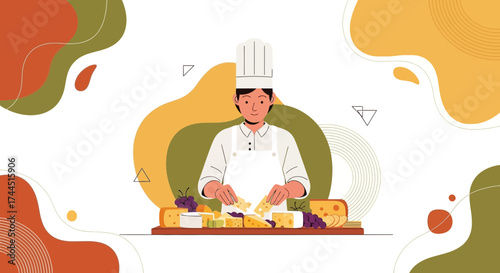 Chef Preparing Cheese Board Display With Colorful Background For Gourmet Experience