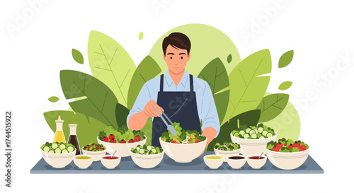 Chef Preparing Colorful Fresh Salad Bowls On Table With Healthy Ingredients