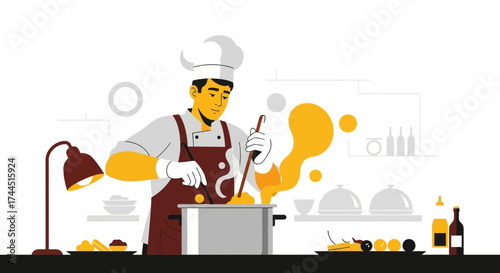 Chef Preparing Cuisine In A Modern Kitchen Setting With Culinary Artistry And Passion
