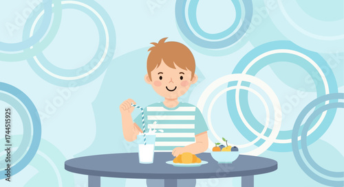 Cheerful Young Boy Enjoying Breakfast with Milk and Fruit at a Table