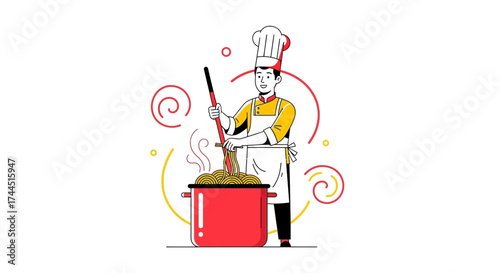 Chef Preparing Noodles in Pot, Vector Illustration, Culinary Arts, Cooking Show