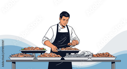 Chef preparing seafood dishes for a culinary restaurant with fresh ingredients