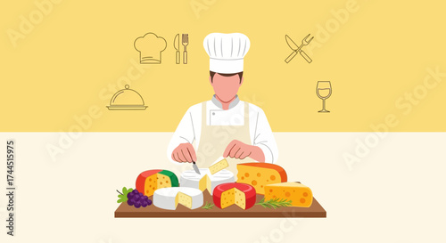 Chef Preparing Cheese Selection For Gourmet Tasting Experience Illustration