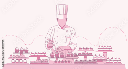 Chef Preparing Delicate Desserts for Presentation Amidst Pink Toned Sweet Treats