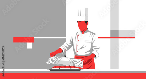 Chef Presenting a Delicious Dish in a Modern Kitchen Setting with Minimalist Design