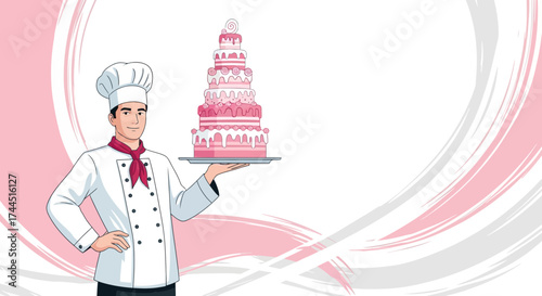 Chef presenting a delicious pink cake dessert on a serving tray with copy space