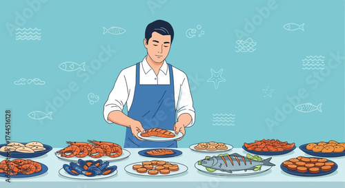 Chef Presenting A Culinary Seafood Feast With Array Of Prepared Dishes On Dining Table