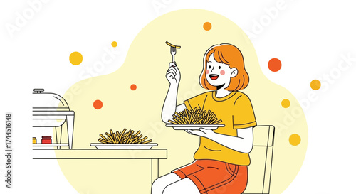 Cheerful Young Lady Devouring Delicious French Fries In Restaurant or Cafe Setting