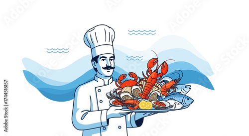Chef Presenting a Platter Overflowing with Fresh Seafood Delights, Delicious Feast