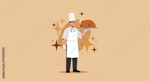 Chef Presenting A Roasted Chicken Dish With Elegant Style And A Golden Background