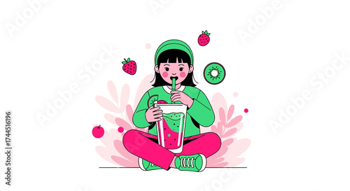 Cheerful Young Person Relaxes While Drinking A Fresh, Colorful, Delicious Fruit Beverage
