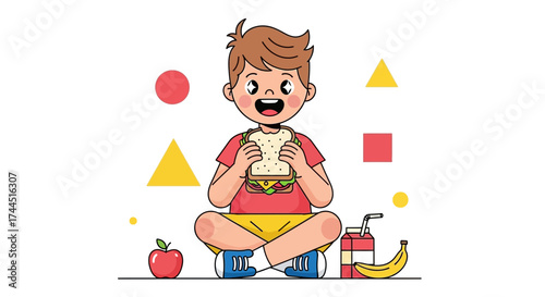 Cheerful Youngster Enjoying Lunch, Surrounded By Shapes and Fresh Ingredients