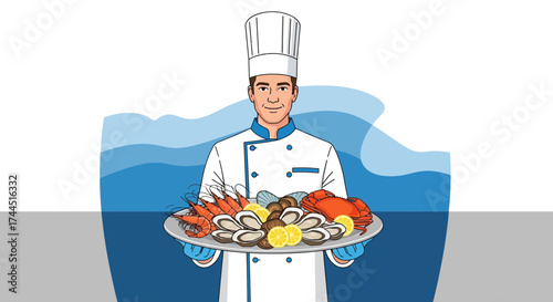 Chef presenting delicious seafood platter with shrimp, oysters, lobster, and lemon slices