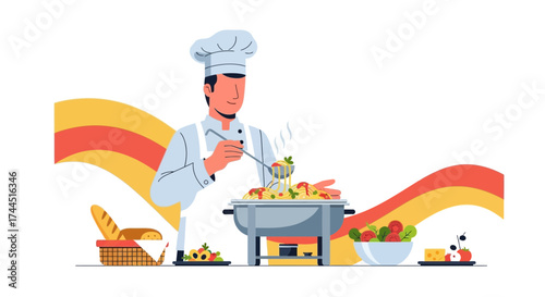 Chef Preparing Delicious Pasta Meal with Various Ingredients for Culinary Purposes and Enjoyment