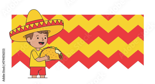 Cheerful Youngster In Sombrero Grasping A Large Taco For A Special Feast.
