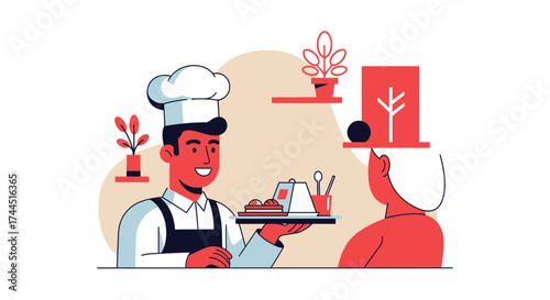 Chef Presenting Dish To A Customer In A Restaurant With Modern And Abstract Design