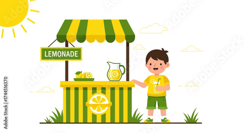 Cheerful Youngster Providing Refreshing Lemonade Outside a Delightful Summer Stand