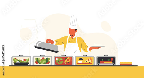 Chef Presenting Dishes At A Buffet Table Ready For A Luxurious Culinary Experience
