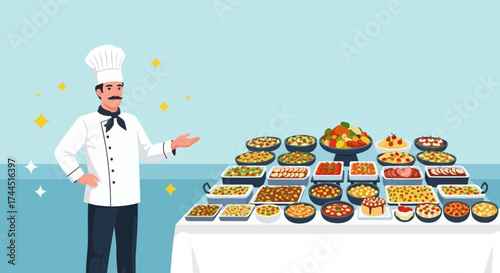 Chef Presenting Exquisite Culinary Delights at a Lavish Banquet with Various Food Dishes